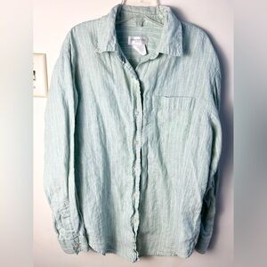 JONES NEW YORK SPORT Shirt 100% Linen Sea Green Pinstripes S Lightweight Preppy‎